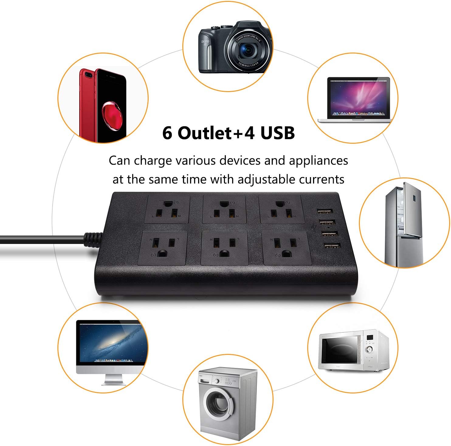 SUPERDANNY 15A Surge Protector Power Strip Flat Plug 9.8ft 14AWG Extension Cord 6 Outlet with 4 USB Ports Charger, Adjustable Voltage 110-240V for iPhone iPad Desktop Kitchen Home Office Indoor Black: Home Improvement