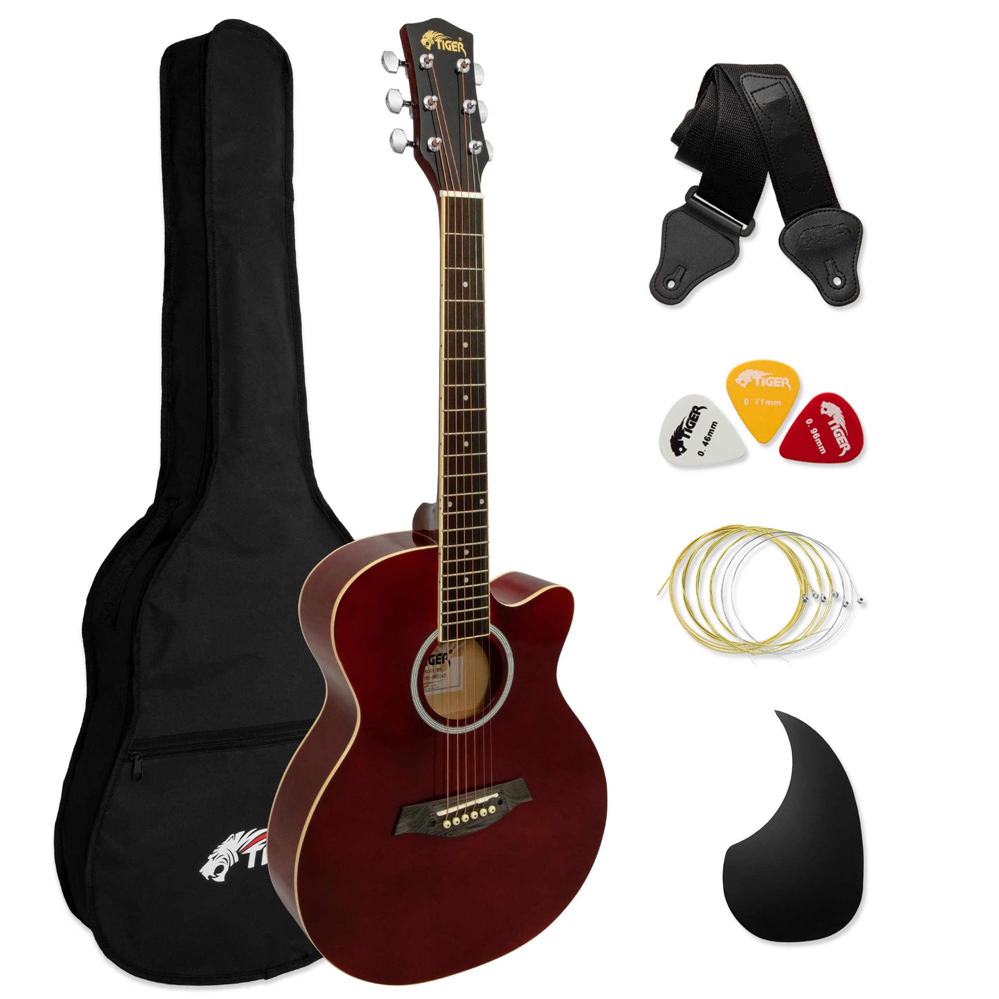 Tiger ACG1-RD Acoustic Guitar with Steel Strings - Small Body 4/4 - for Beginners aged 11+ - Bag, Strap, Spare Strings, Scratchplate and Pick Included – 6 Months free Lessons - Red