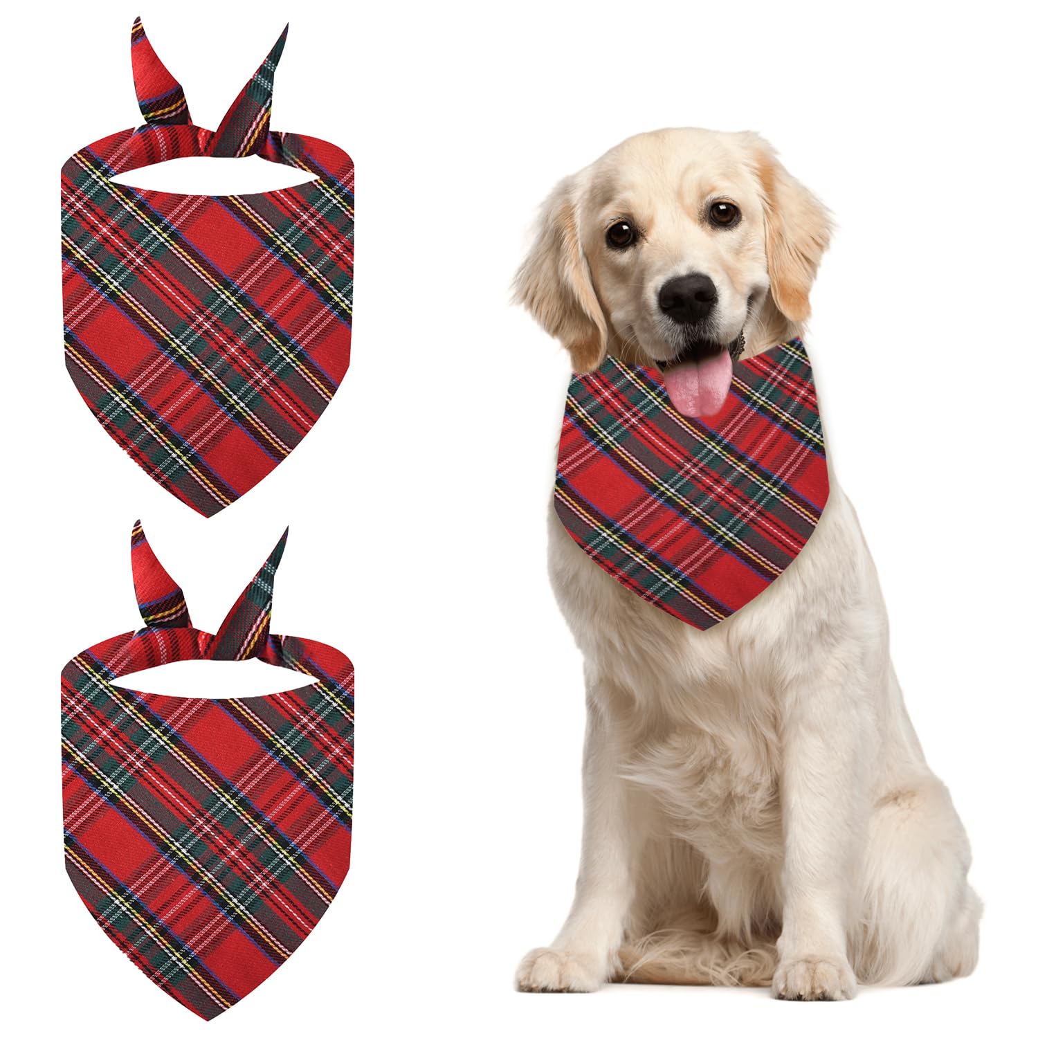 MEISH 2 Pieces Tartan Dog Christmas Bandanas Holiday Plaid Dog Bandanas Plaid Triangle Dog Kerchief for Dogs Cats Pets