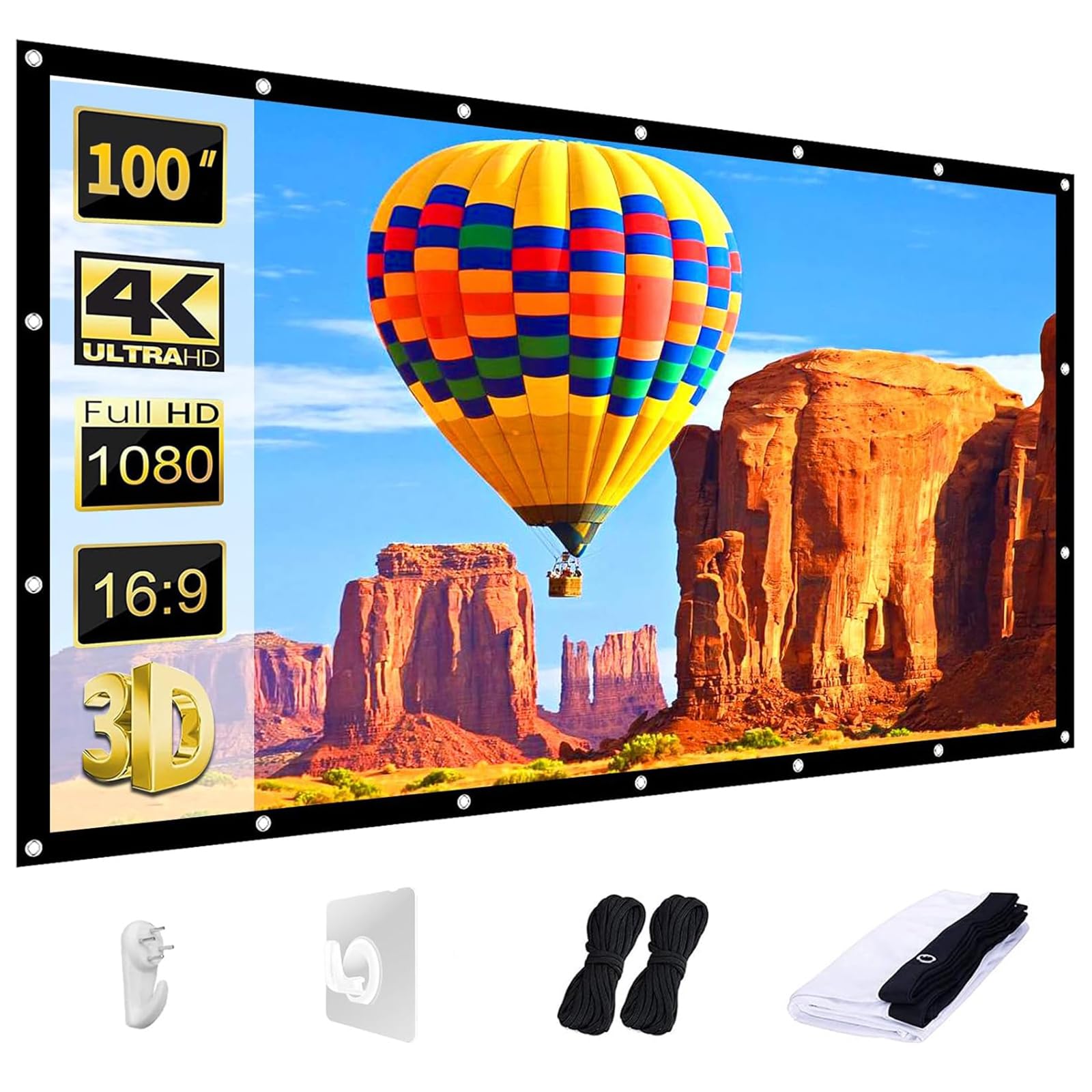 AAJK Projector Screen 100 inch, Washable Projector Screen 16:9 Foldable Anti-Crease Portable Projector Movies Screen for Home Theater Outdoor Indoor Support Double Sided Projection