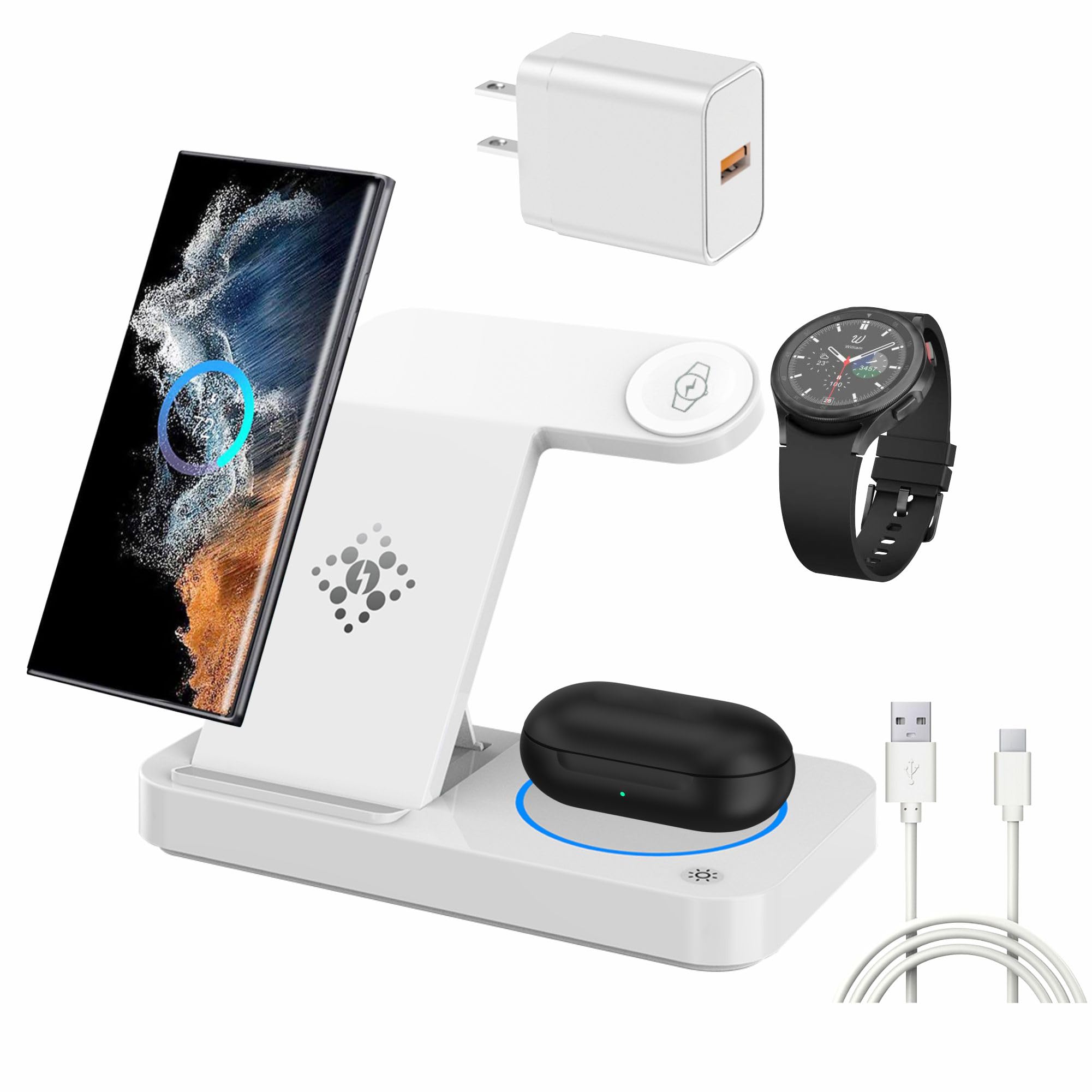 3 in 1 Charging Station for Samsung Android: Wireless Phone and Watch Charger for Galaxy S26 S25 Ultra/S24/S23/Z Fold, Wireless Charger Stand for Galaxy Watch 9/8/7/6/5 Earbuds 4/3/Pro (White)