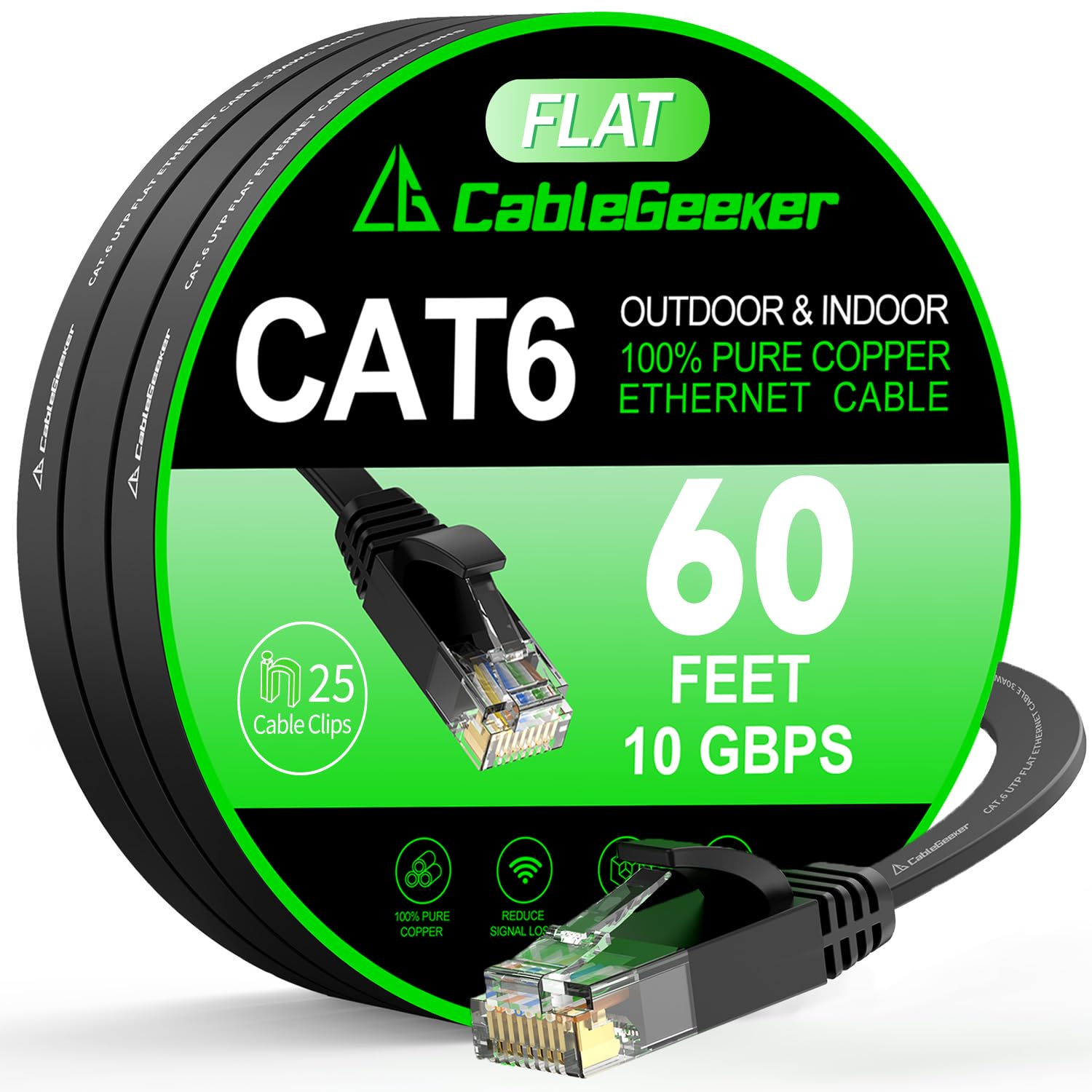 Photo 1 of Cat 6 Ethernet Cable 60 ft, Indoor&Outdoor, High Speed 10Gbps Flat Internet Network Cable, Pure Copper Ethernet Patch Cable Long, Computer LAN Cable with Clips & Straps for Router, Modem, PS4/5, Black