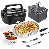 SOHIDA Electric Lunch Box, 12V/24V/110V Portable Food Warmer with SS Fork & Spoon for Car/Truck/Office, 80W Self Heating Lunch Box with 1.5L Container & 0.45L PP Fruit Box Matte Black