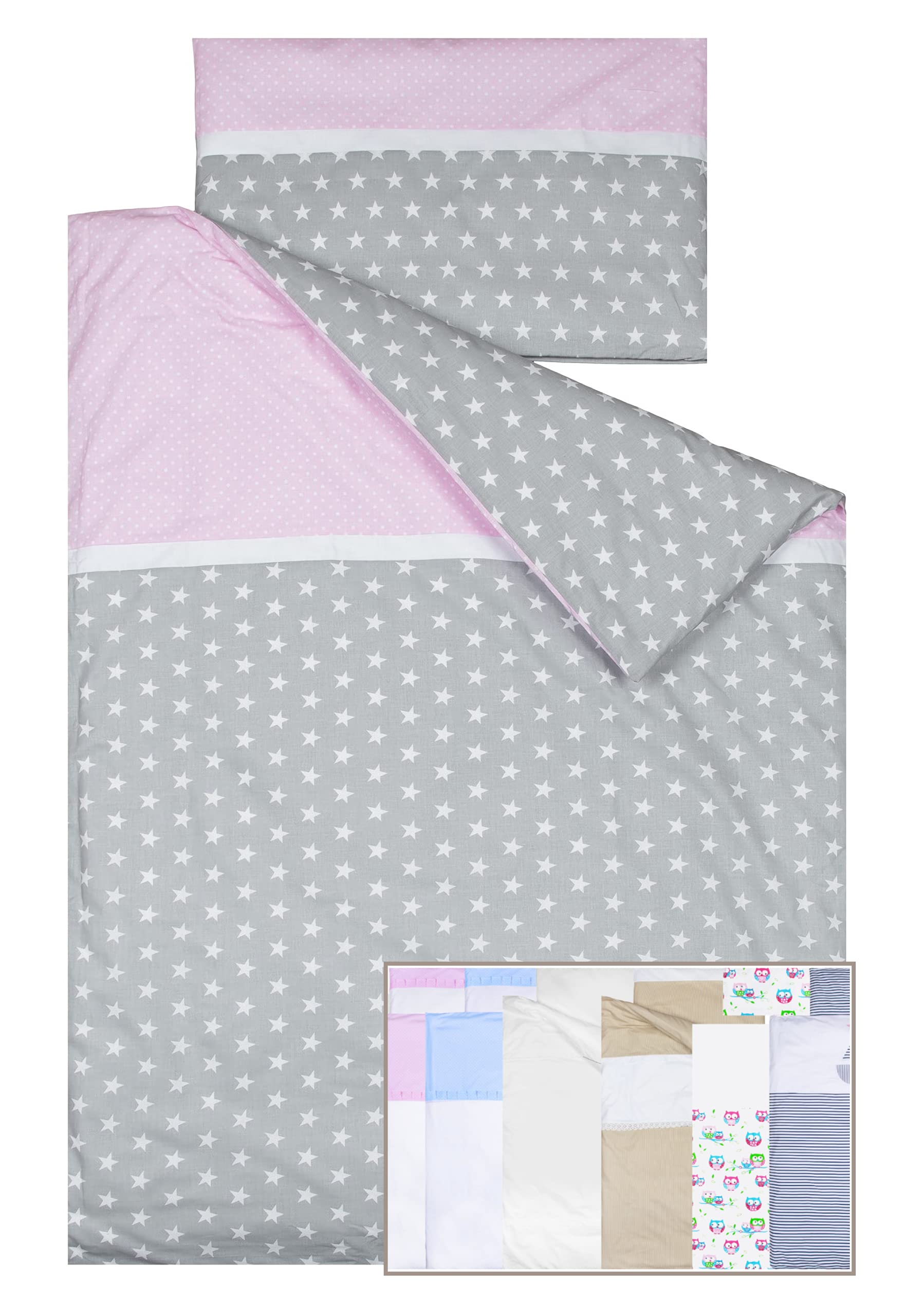 Vizaro - Duvet Cover Bedding Set - COT Bed 70x140cm - Pure Premium Cotton - Dim. 100x135cm, 30x60cm - Made in EU - OekoTex - Safe for Babies - C. Polka Dots and Stars