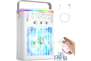 GCOBUP Portable Air Conditioners, 4-in-1 Portable Air Cooling Fan with 1000mL Tank, 3 Speeds & Remote - 2-8H Timer, 7-Color LED - Mini Evaporative AC Unit for Camping, Office, Bedroom, Car