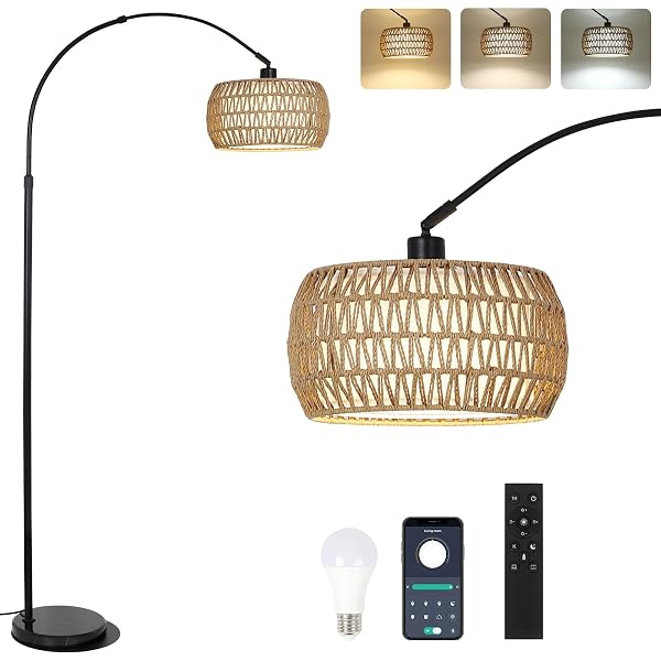 ARC FLOOR LAMPS FOR LIVING ROOM WITH 3 COLOR TEMPERATURES, BLACK STANDING LAMP WITH REMOTE & DIMMABLE LED BULB, RATTAN BOHO FLOOR LAMP, FARMHOUSE TALL LAMP FOR BEDROOM, OVER COUCH ARCHED READING LIGHT