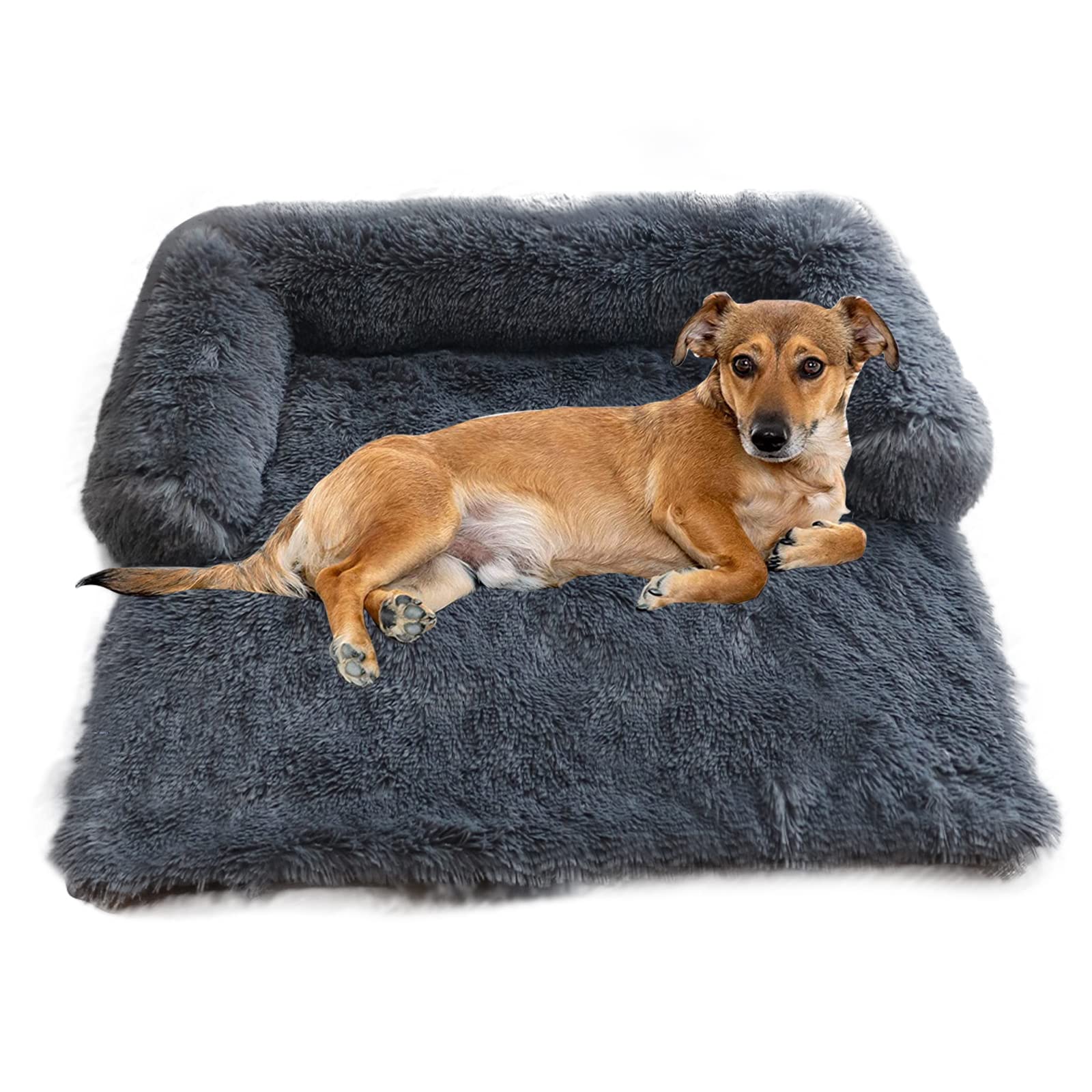 PETCUTE Soft Plush Dog Mat Sofa, Orthopedic Dog Beds Large with Anti-Slip Bottom, Detachable and Washable Pad Blanket Cushion, Anti-Anxiety Warm Calming Dog Bed Sofa, Dark Gray