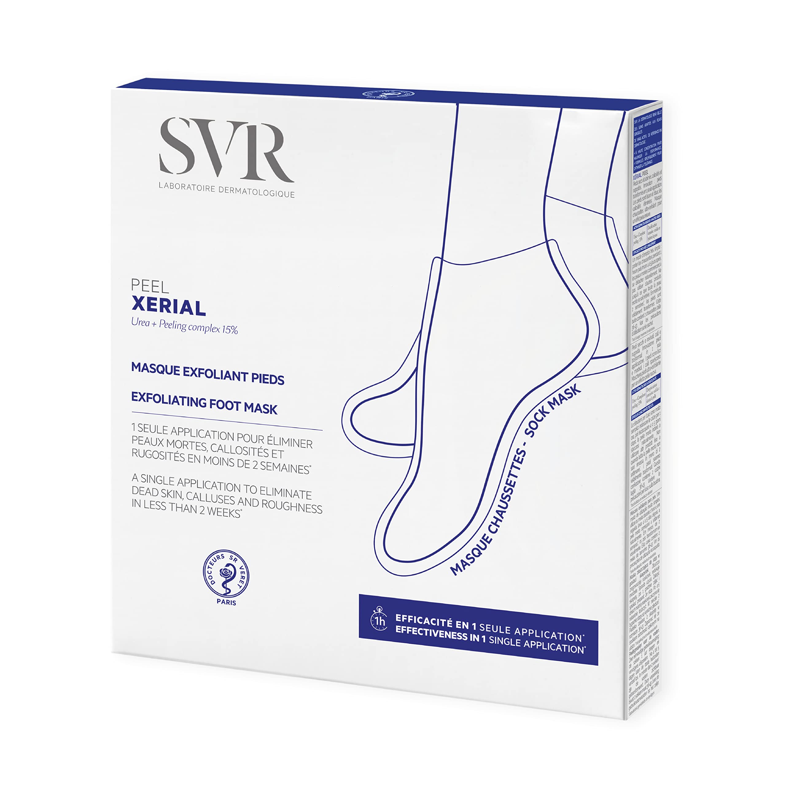 SVR Xerial Peel Exfoliating Foot Sock Mask. Intensive Treatment for Dry, Hard, Thickened, Callused Feet. Professional Pedicure Results at Home. Size 35–44 (1 Pair)