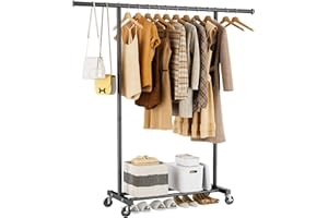 HYSEYY Clothes Clothing Garment Rack with Wheels,46.5" L Heavy Duty Rolling Clothing Racks for Hanging Clothes, Metal Sturdy Closet Rack Clothes Hanger Rack for Coats, Shirts, Dress, Black