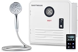 DARTMOOR RV Tankless Water Heater, 65000 BTU with Showerhead Kit Control Panel 15 x 15 in White Door, 12V On Demand Instant Hot Water Heater for RV Camping, Propane Gas