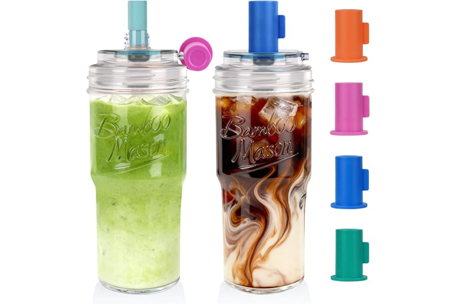 ANOTION 2pc Glass Tumbler with Lids and Straws, Leakproof 24oz Mason Jar Cups, Cap Cup Leak-Proof, Self-Assembly Silicone Straw, Reusable Iced Coffee Smoothie Matcha Cup Aesthetic Coffee Gifts Women
