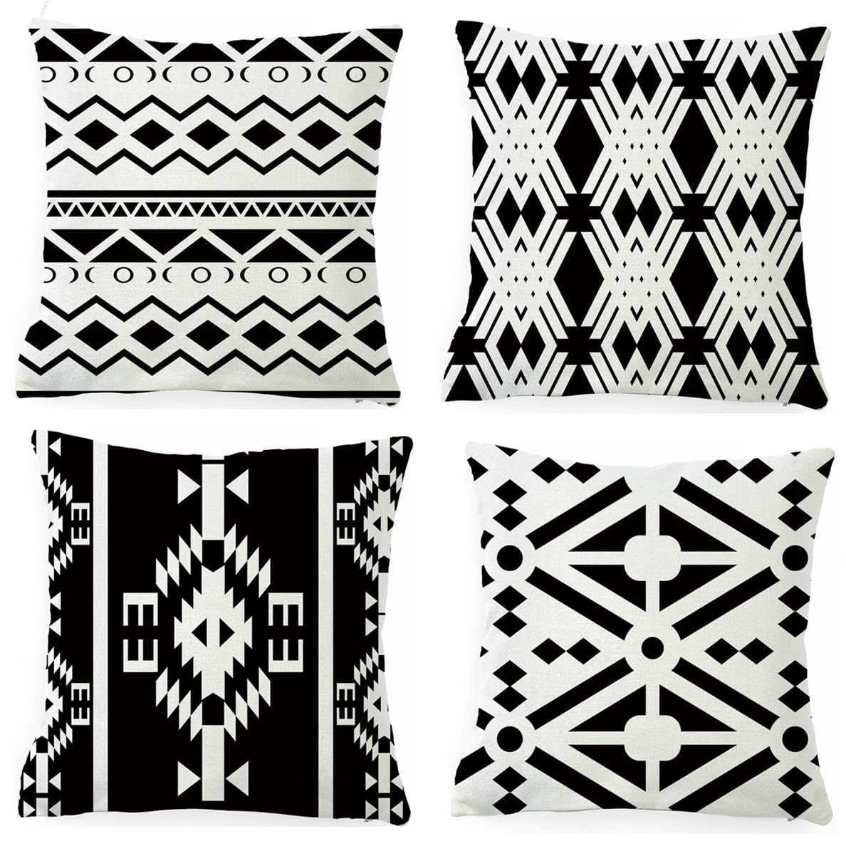 QUALKNOY Set of 4 Cushion Covers 18"x18" Black Linen Modern Geometric Boho Decorative Throw Pillow cases 45 x 45cm for Sofa Living Room Garden Outdoor Home Decor Pillowcases