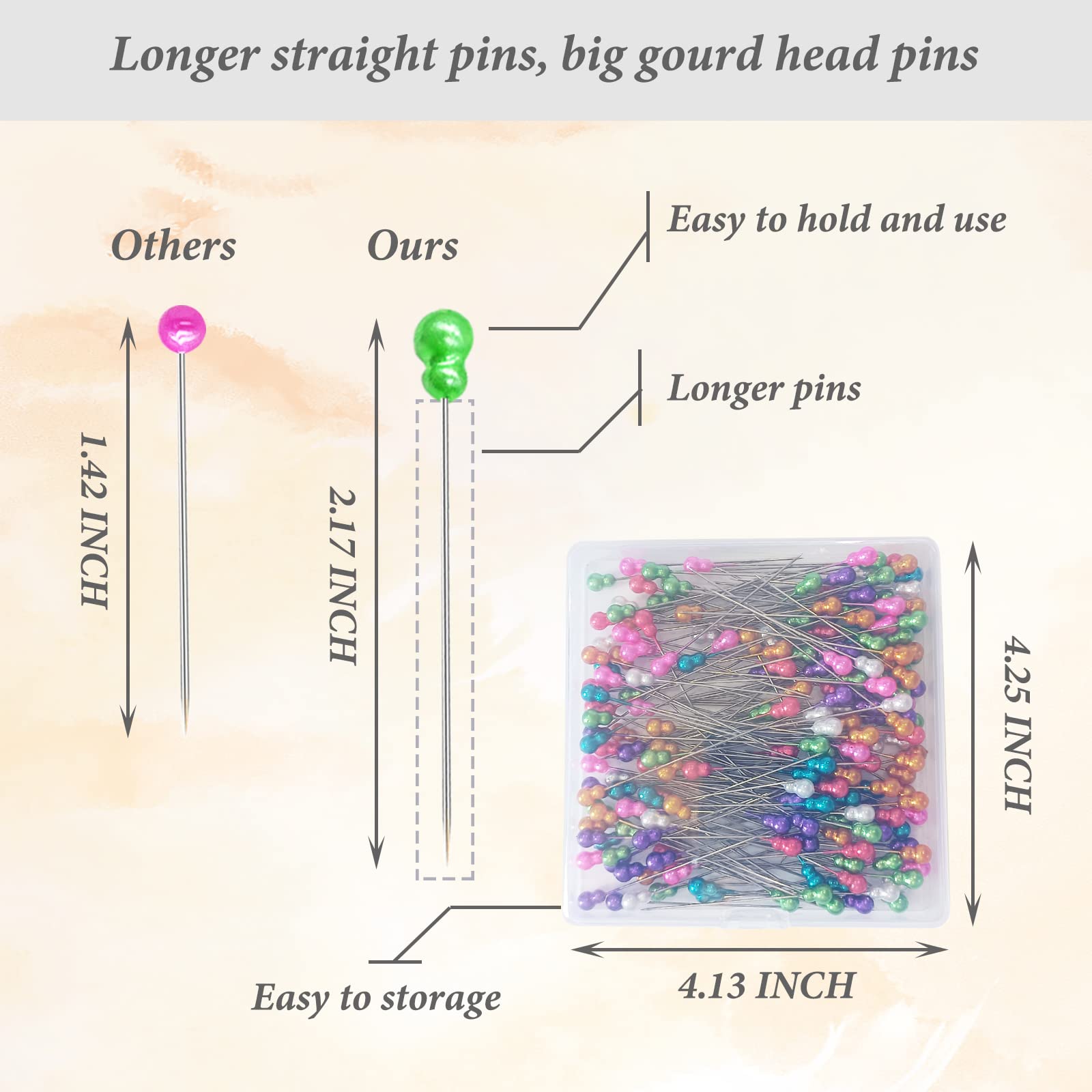 200pcs Sewing Pins, Straight Pins with Gourd Pearlized Head Pin, Long 2.2 Inch Sewing Pins for Fabric, Multicolor Quilting Pins for Crafts Dressmaker DIY Decoration, Stick Pins for Sewing Project
