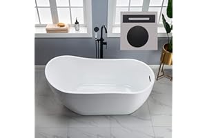 WOODBRIDGE 59" Acrylic Freestanding Bathtub Contemporary Soaking White Tub with Matte Black Overflow and Drain，B1530 -MB-Drain &O