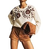 Verdusa Women's Vintage Floral Sweater Cozy Oversized Sweaters Embroidery Boho Chic Knit Pullover Tops