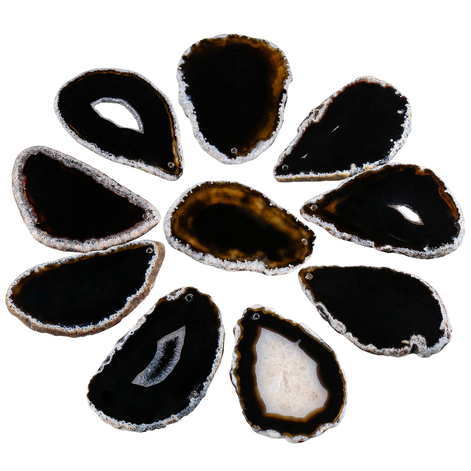 Nupuyai 10pcs Black Top Drilled Agate Slices, Irregular Polished Geode Agate Stone Pendant for Jewellery Making DIY Artwork, Slab Name Place Cards Set