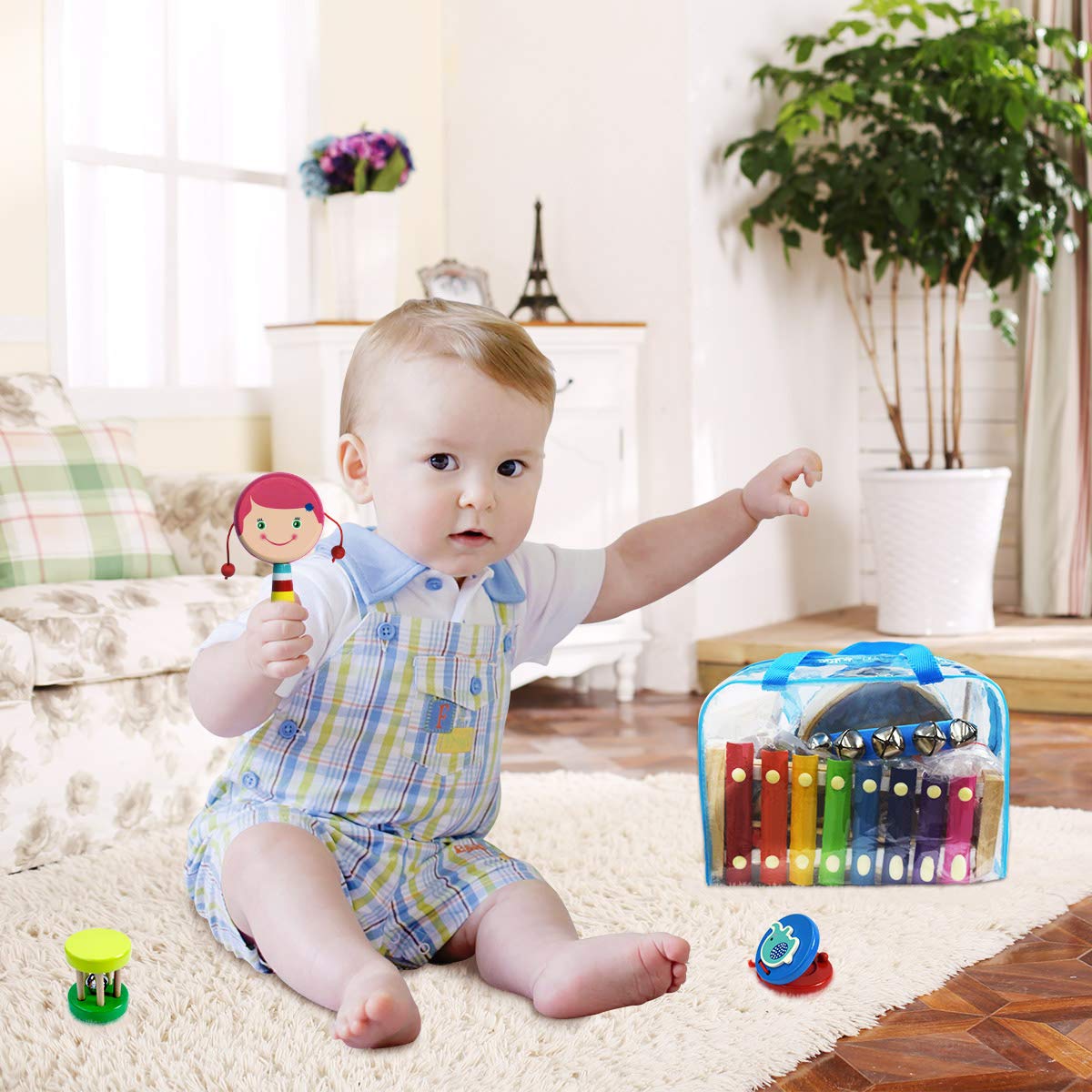 CACA 15pcs Musical Instrument Kit with Xylophone | Wooden Percussion Instruments Toy for Kids Toddler Preschool Educational | Early Learning Musical Toy Gift Set for Boys and Girls