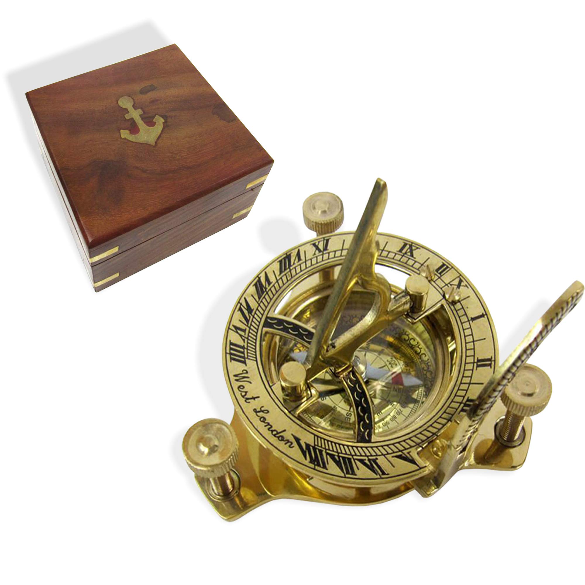 RedSkyTrader Solid Brass Sundial Compass Solar Dial (with Wooden Box)
