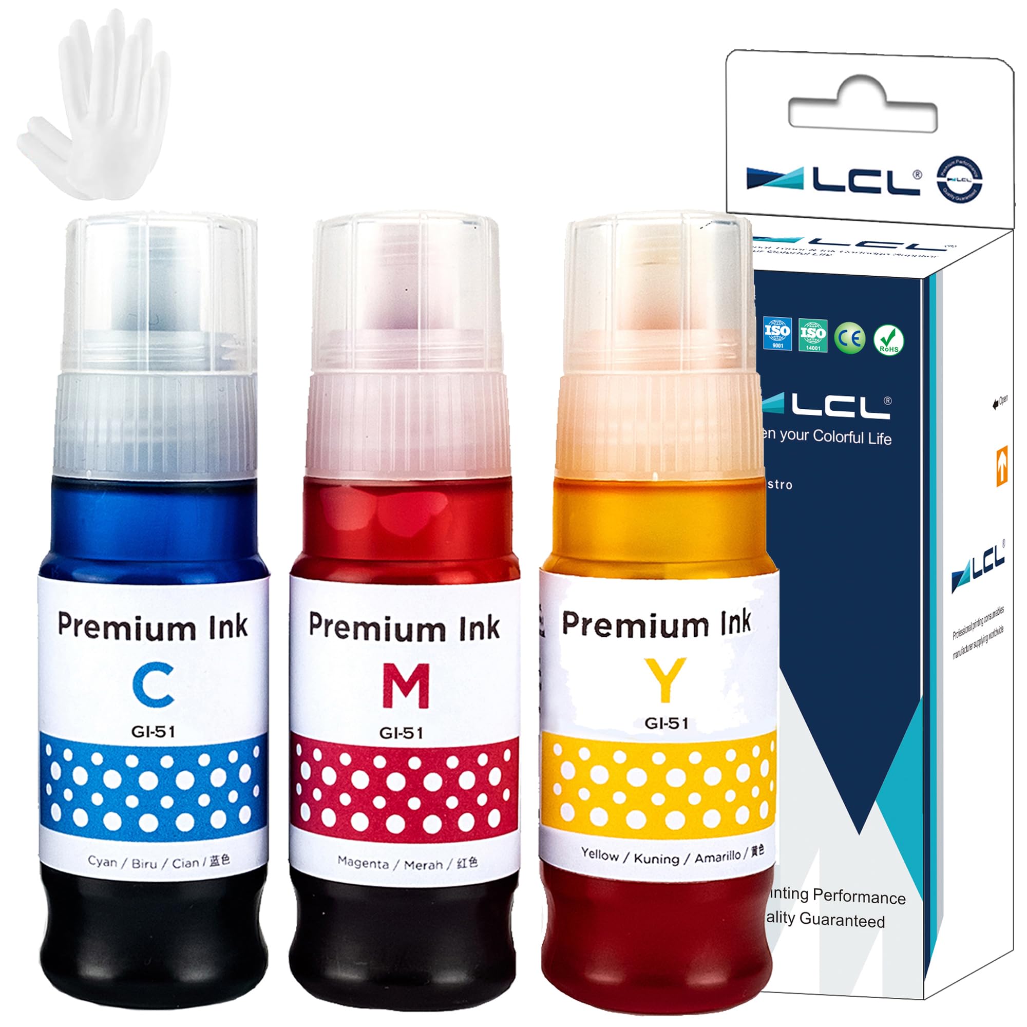 LCL Compatible Ink Bottle GI-51 GI-51C GI-51M GI-51Y Replacement for Canon Pixma G1520 G1560 G2520 G2560 G3520 G3560 G1530 G2570 G4570 G3570 G4570 (3PK CMY)