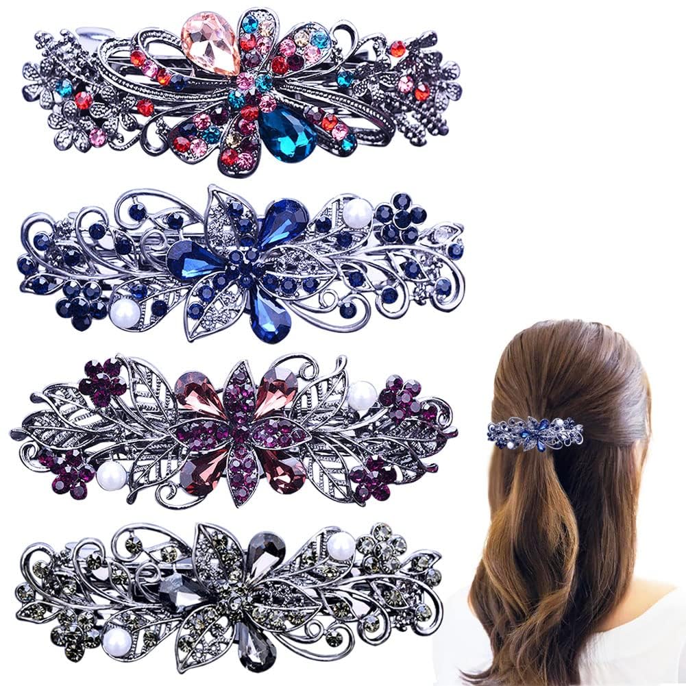 Paotxpum 4 PCS Hair Barrettes for Women Ladies, Flower Crystal Rhinestones Barrettes Pearl Spring Hair Clip Accessories Women Fashion Ponytail Holders Barrettes for Daily Wear Mothers Day Gifts