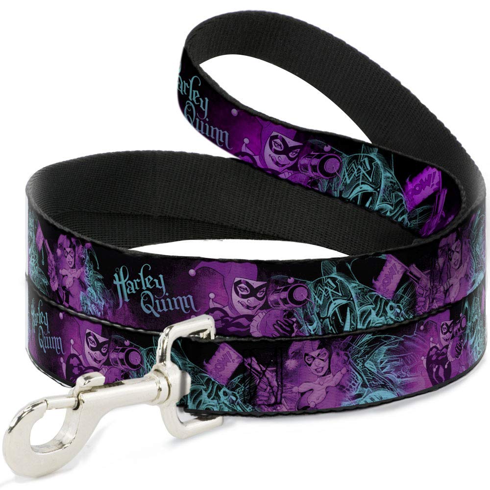 C Comics Pet Leash, Dog Leash, Harley Quinn Pow Aiming Poses Joker Black Turquoise Fuchsia, 6 Feet Long 1.0 Inch Wide