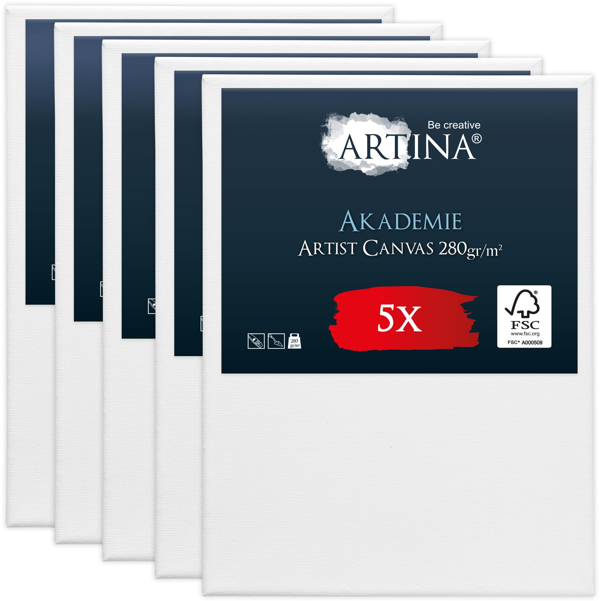 Artina 5pcs Paint Canvas Set 18x24 cm – FSC® Canvas for Painting 100% Cotton Canvas Stretcher Frame 280 g/m² – Blank Canvases for Art for Acrylic, Watercolour & Oil Painting – Small Canvas Akademie