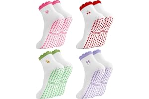 Guiqulai 4 Pairs Cute Ruffle Pilates Grip Socks Women, Non Slip Ruffle Crew Yoga Socks with Grip for Barre Dance Barefoot Wor