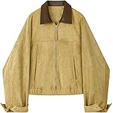Zoziiee Women's Faux Suede Cropped Jacket Contrast Collar Zip Up Utility Barn Coat Trendy Fall Outwear