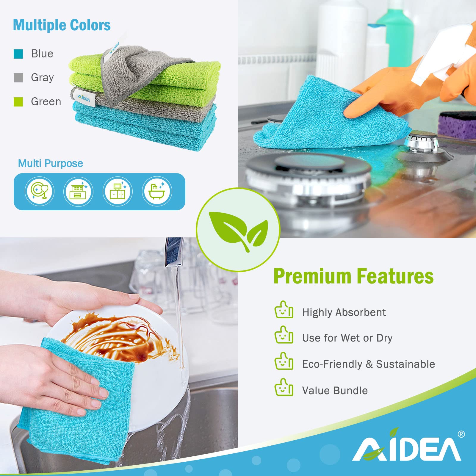 AIDEA Microfiber Cleaning Cloths-24Pack, Soft Highly Absorbent Microfiber Towels, Lint Free Streak Free Microfiber Rags, Cleaning Cloth for House, Kitchen, Car, Window Gifts(12in.x12in.)