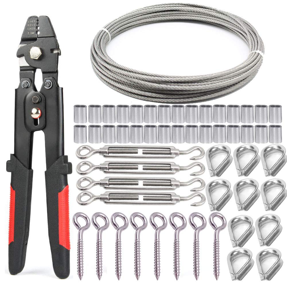 Nikang Steel Wire Kit, A Wire Rope Crimping Tool + 30m Stainless Steel Wire + 30Pcs Aluminum Crimping Loop Sleeves + 4Pcs Turnbuckle Wire Tensioner + 10Pcs M2 Wire Thimble + 8Pcs Eye Screw Hooks