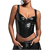 WDIRARA Women's PU Leather Corset Bustier Tops Sleeveless Lace Trim Tank Tops Night Out Clubwear