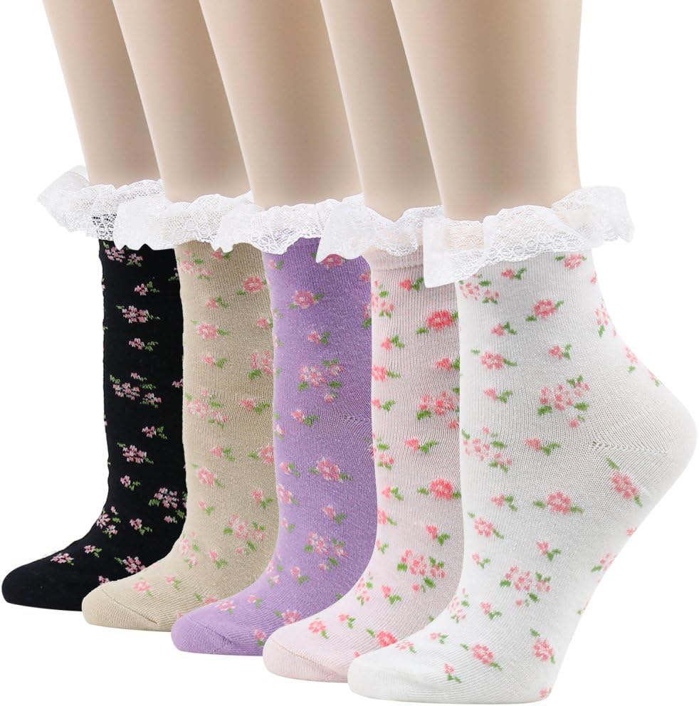 Womens Lace Ankle Socks,KitNSox Bobby Ruffle Frilly Art Flower Fashion Patterned Lace Top Casual Dress Anklet Socks 5 Pairs