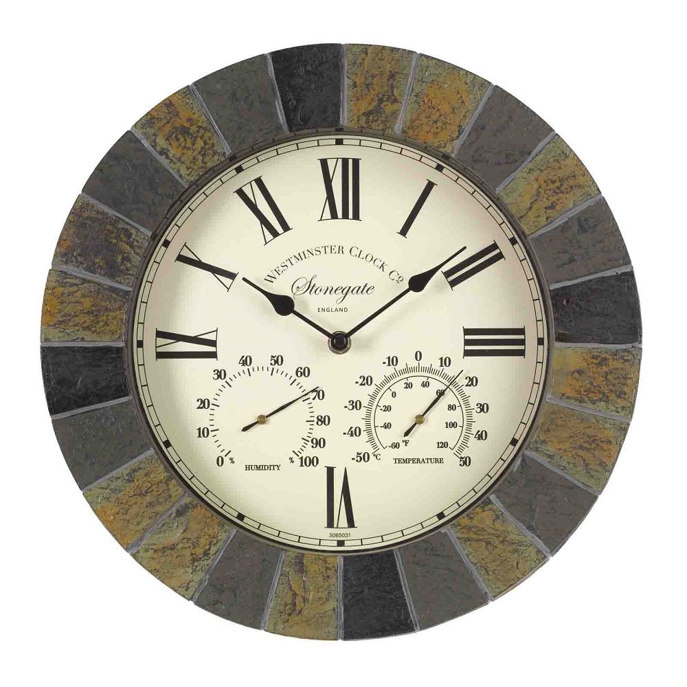 Outside In Stonegate Wall Clock & Thermometer 14" - Slate