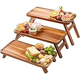 Tiered Serving Tray 17 Inch Acacia Wooden Cupcake Stand & Platters 3 Tiered Tray Foldable Dessert Table Display Set Decor for Party Charcuterie Boards for Birthday, Wedding, Christmas, Valentine's Day