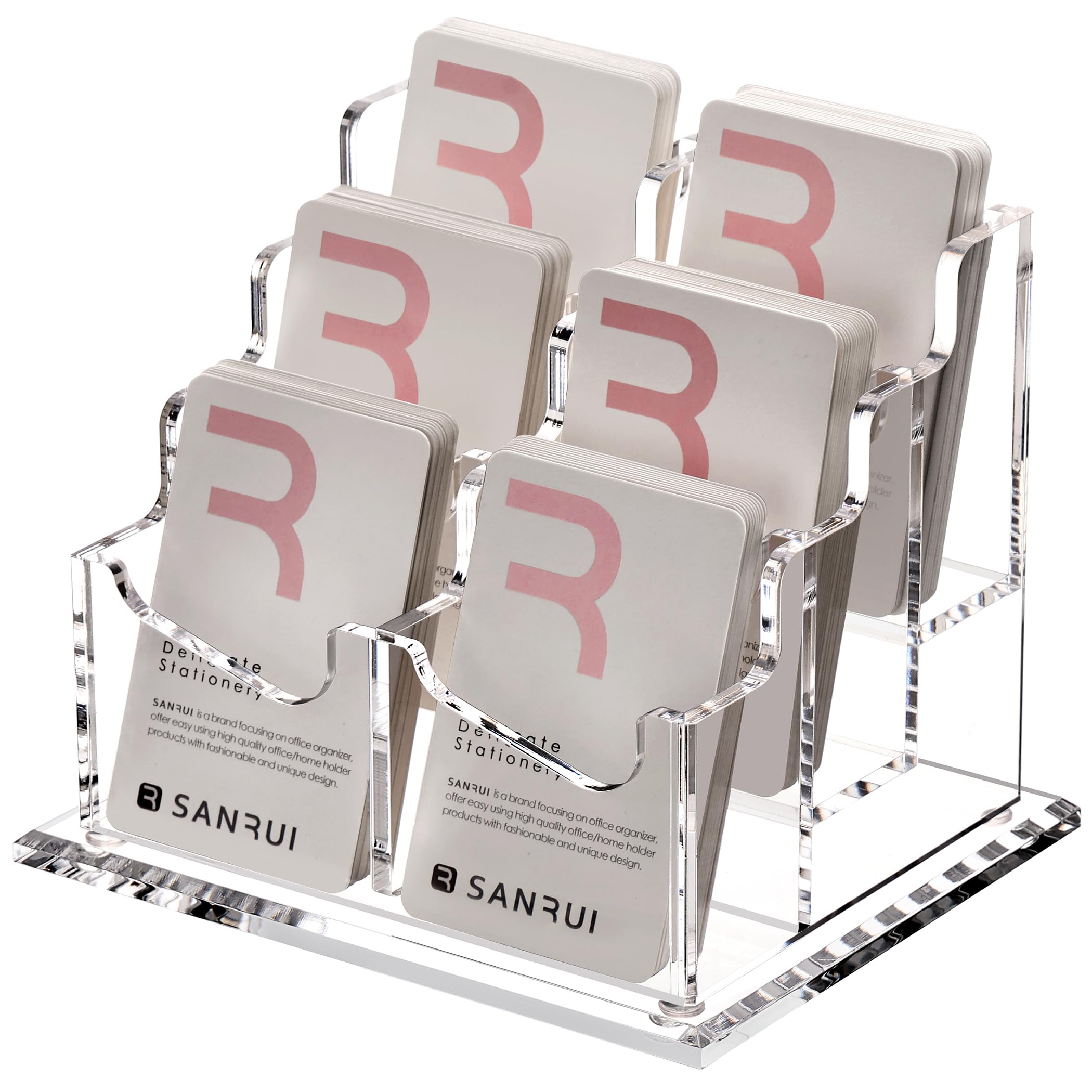 SANRUI Acrylic Vertical Business Card Holder for Desk，Clear Business Card Display Stand Organizer Storage Rack for Exhibition, Home , Office , 6 Slots 3 Tier, Holds 300 Cards
