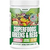anocin Greens + Reds Superfood Powder – Organic Spirulina, Chlorella, Wheatgrass & Berry Antioxidants – Probiotics + Digestive Enzymes – 30 Servings, No Sugar, Great Taste, Mixes Smoothly