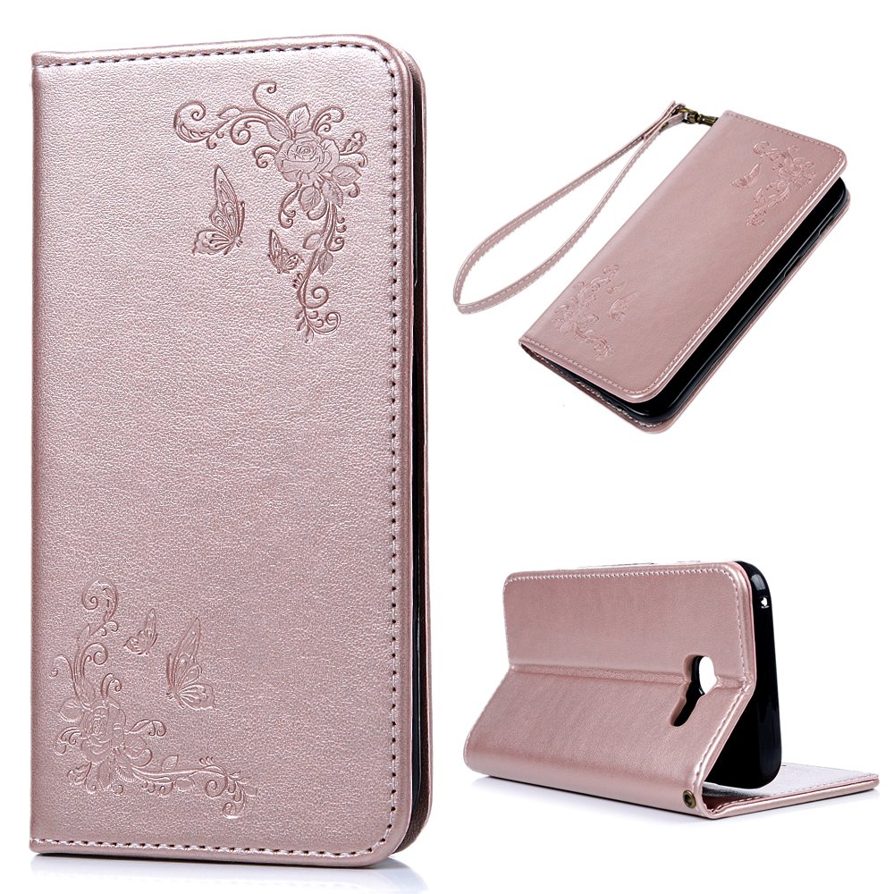 A5 2017 Case - MAXFE.CO for Samsung A5 2017 Case Embossed Butterfly Rose Gold PU Leather Flip Stand Cover Case for Samsung Galaxy A5 2017 (5.2 Inch) with Dual Layer Hand Strap Card Holder [Magnetic Closure] - Rosy Gold