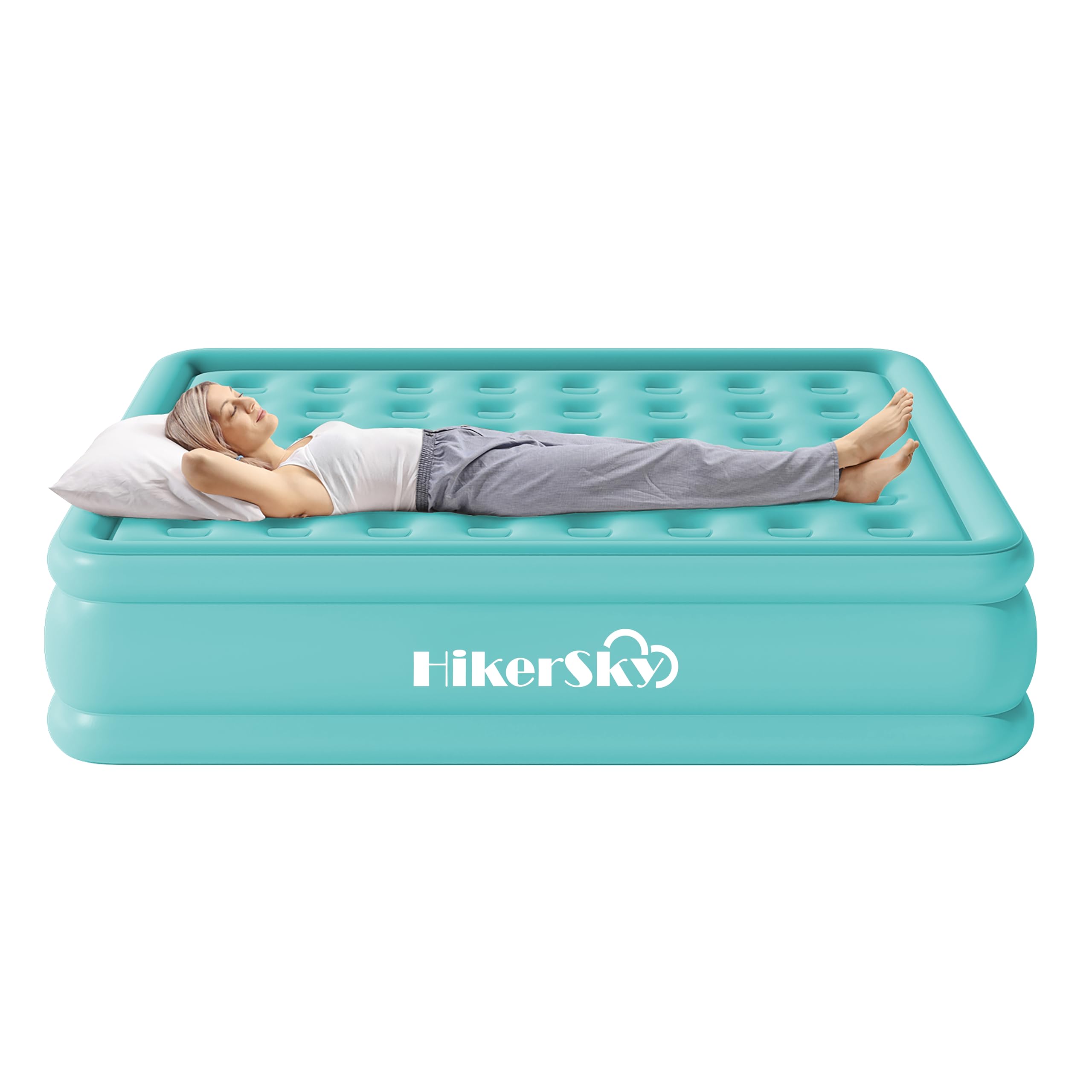 Photo 1 of HikerSKY Queen Air Mattress with Built-in Pump, Air Bed with Portable Storage Bag, 18'' Blow up Mattress Suitable for Home and Guests, Top Flocking, 18" Queen Turquoise