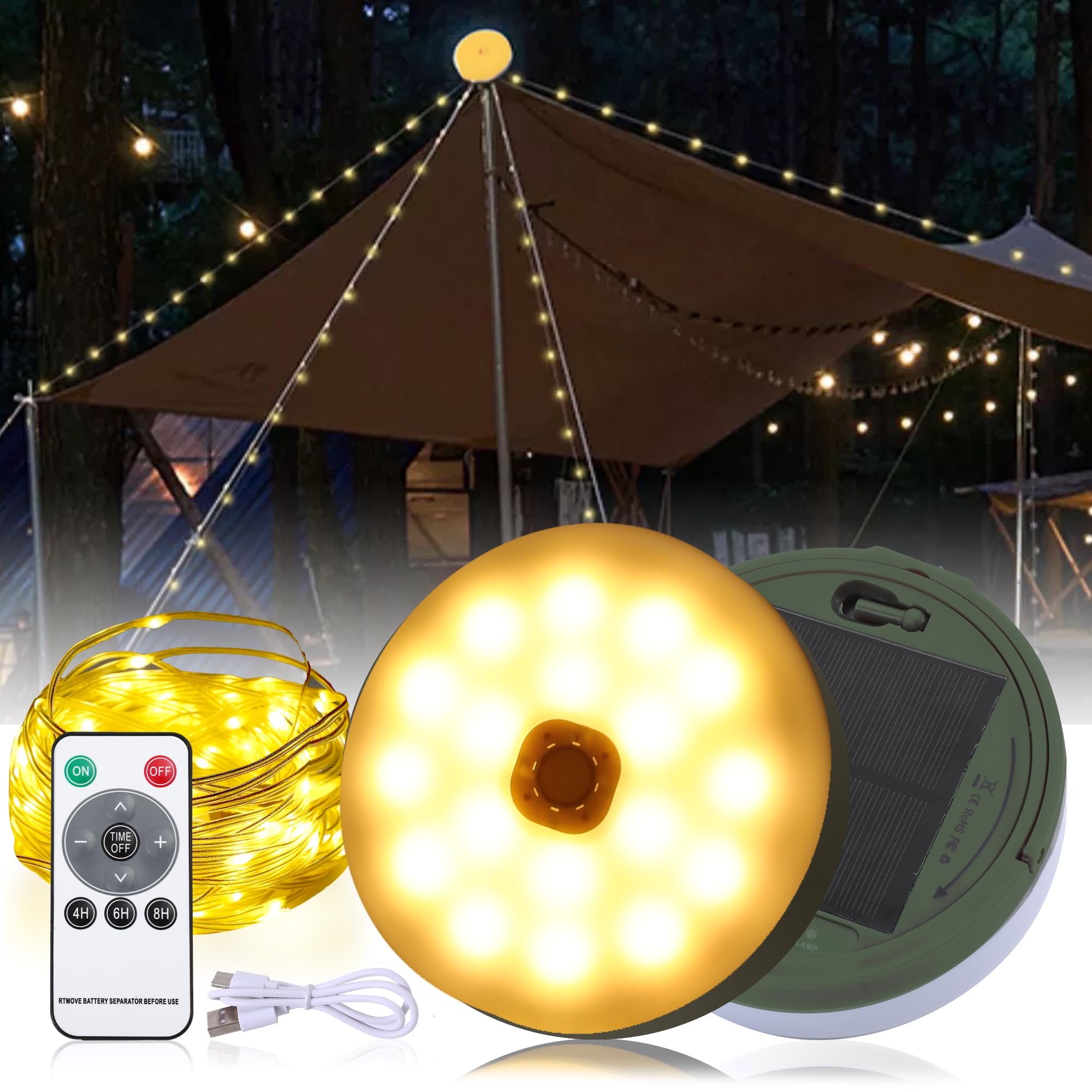 Howeifull Solar Camping String Lights 12M/39FT 120 LED, Solar/USB Charging, Outdoor Waterproof Camping Fairy Lights 8 Modes for Tent Yard Garden Hiking Travel Decoration, Warm White