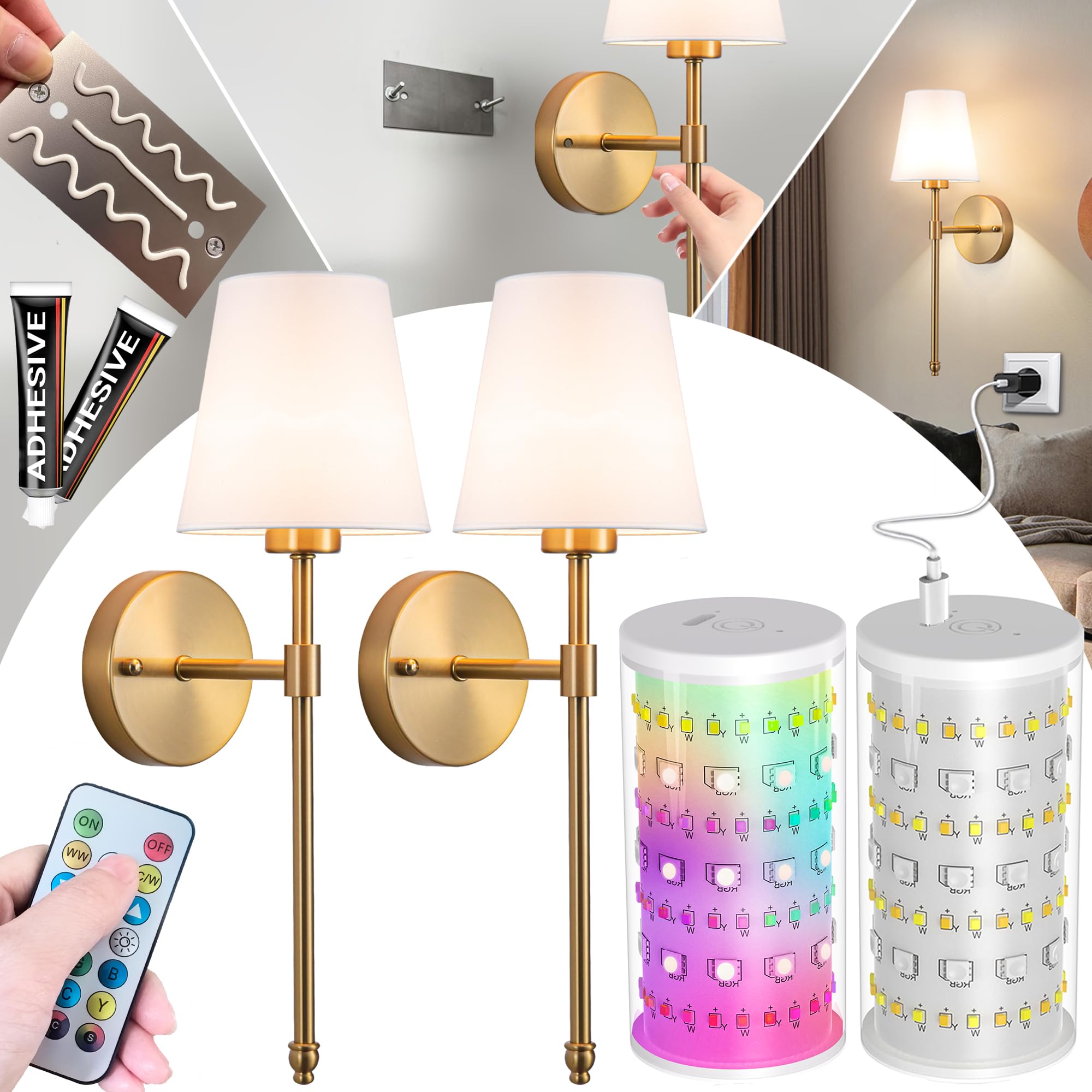 Photo 1 of Vimhou Battery Operated Wall Sconce: Peel and Stick Adhesives Stick On Non Drill Wall Light Easy to Install, Rechargeable Wireless Wall Lamp with Battery Corn Bulb for Bedroom Living Room Wall Decor