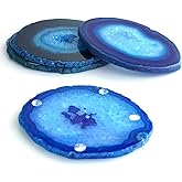 Sisamn Teal Agate Slices Bulk Geode Coasters Set of 4 with Rubber Bumpers - Unique 4-5 Inch Dyed Stone Drink Crystal Cup Coasters for Home Decor, Coffee Table, Bar Accessories