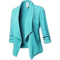 ジャケット・アウター UND FRONT GATHER OPEN SLEEVE COAT Stretch 3/4 Gathered Sleeve Open Blazer Jacket Aqua S at