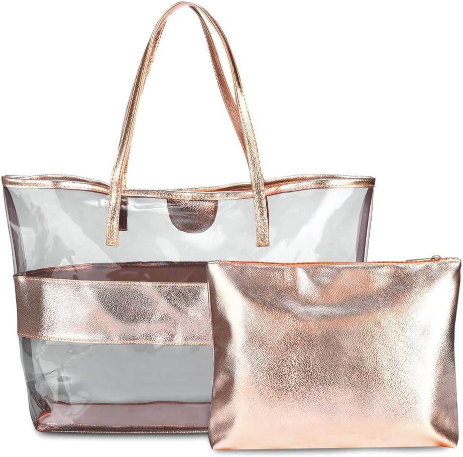 Artone Water Resistance Clear Tote Stripe Beach Bag Shoulder Handbag with Bikini Swimming Suit Bag Set of 2 Brown