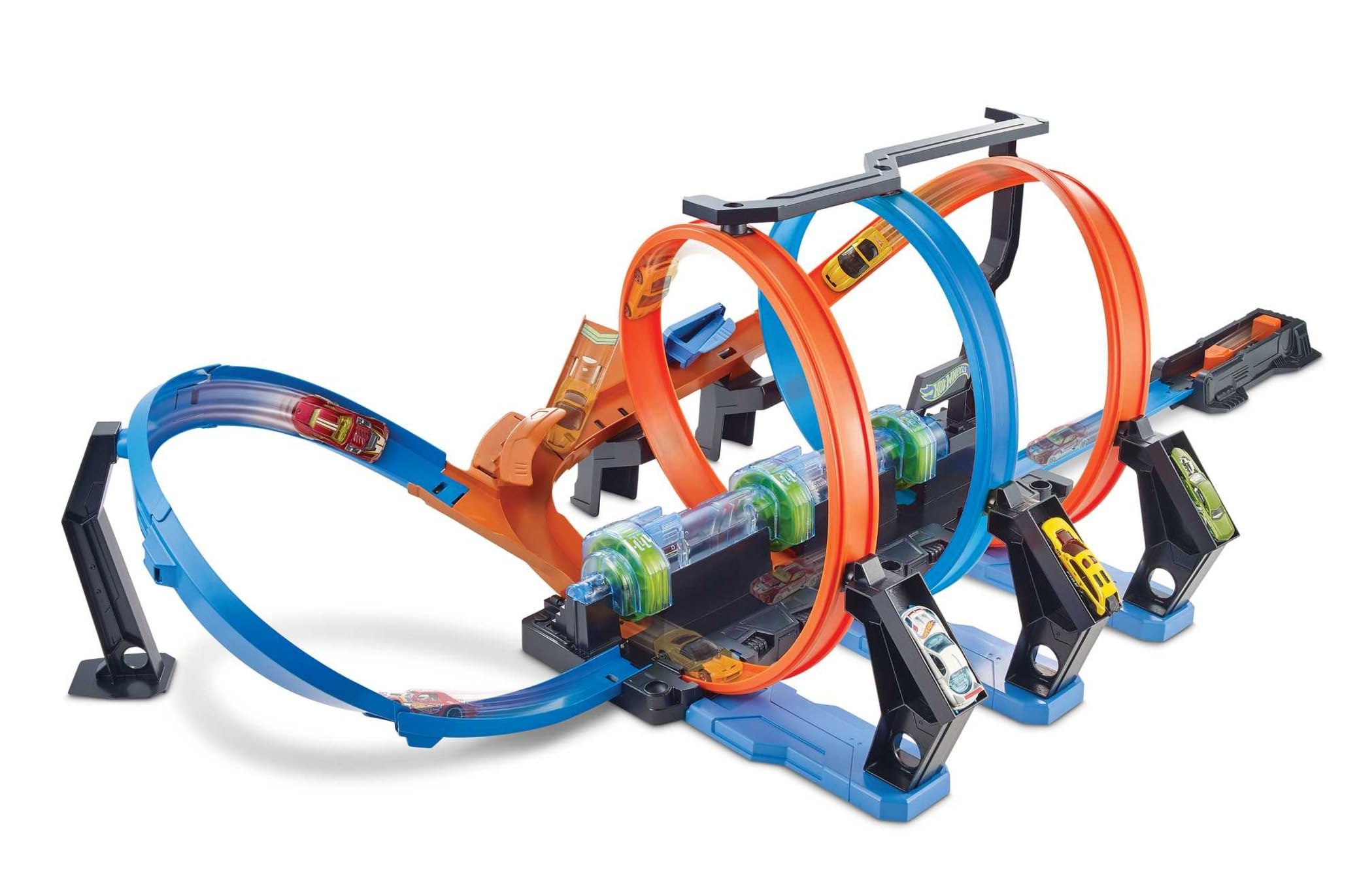 Hot Wheels Track Set and Toy Car, Large-Scale Motorized Track with 3 Corkscrew Loops, 3 Crash Zones and Toy Storage, FTB65