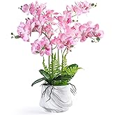 W&W Artificial Orchid Plants and Flowers with Vase, Fake Faux Silk Orchid in Ceramic Pot, 24'', Pink