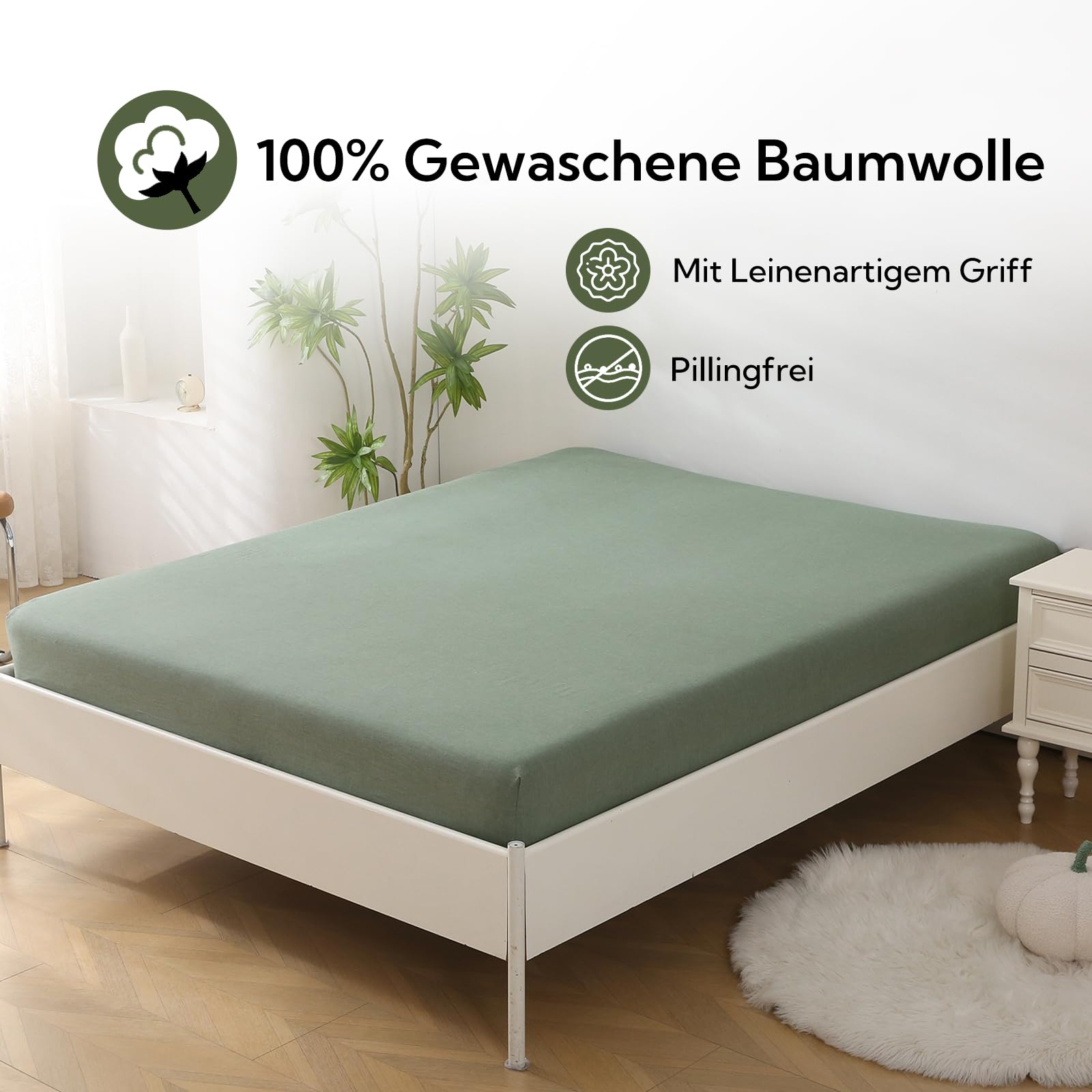 SOULFUL Spannbettlaken 140x200cm, 100% Gewaschene Baumwolle Bettlaken Spannbetttuch bis 25cm Matratzenhöhe, Atmungsaktiv mit Leinenartigem Griff, öKotex Zertifiziert-Salbei Grün 2