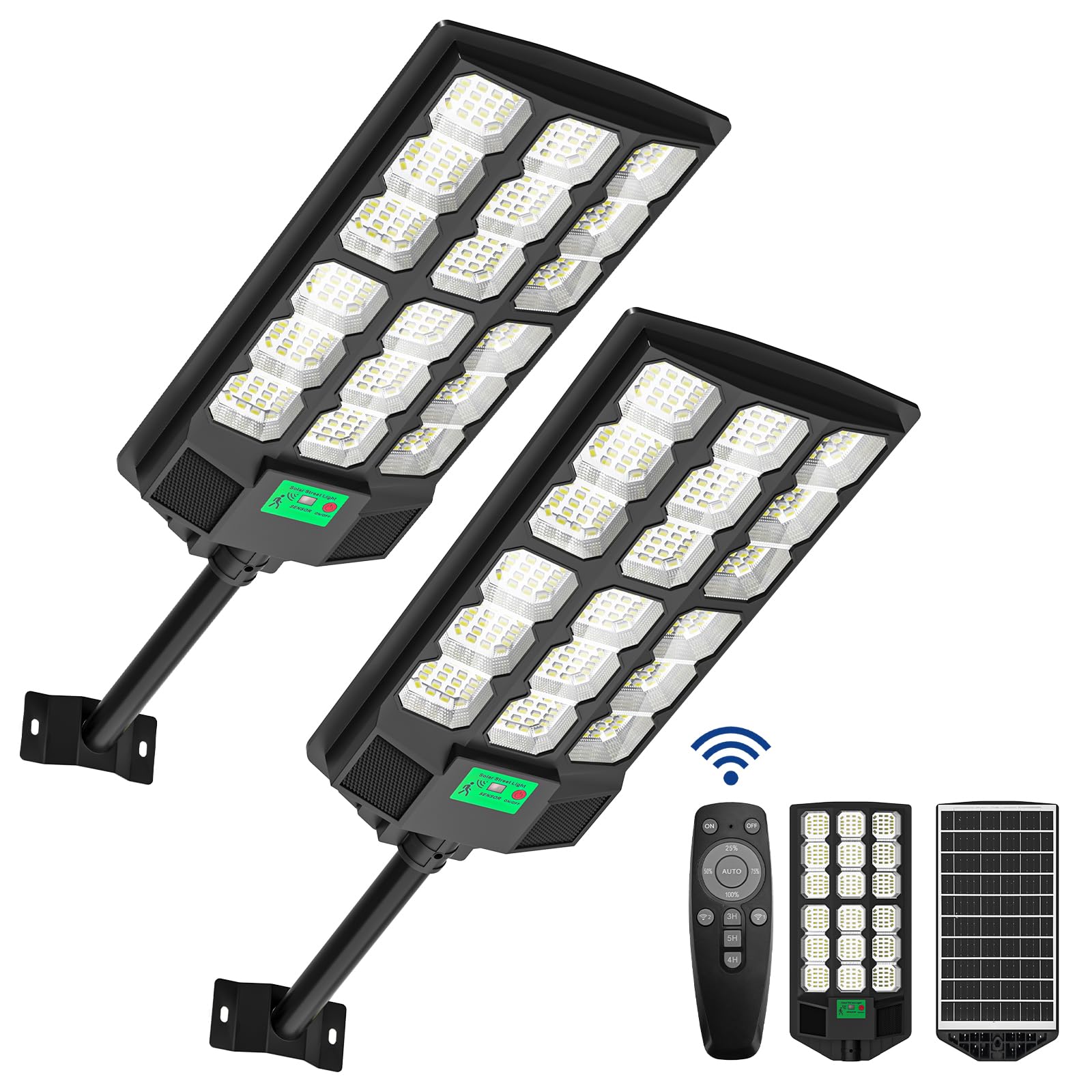 Photo 1 of (MISSING REMOTE) Solar Street Lights Outdoor, 10000K Ultra Bright LED, Waterproof IP65, Motion Sensor, Dusk to Dawn, Suitable for Commercial Area, Parking Lot, with Anti Broken Remote Control Mounting Bracket, 2 Pack