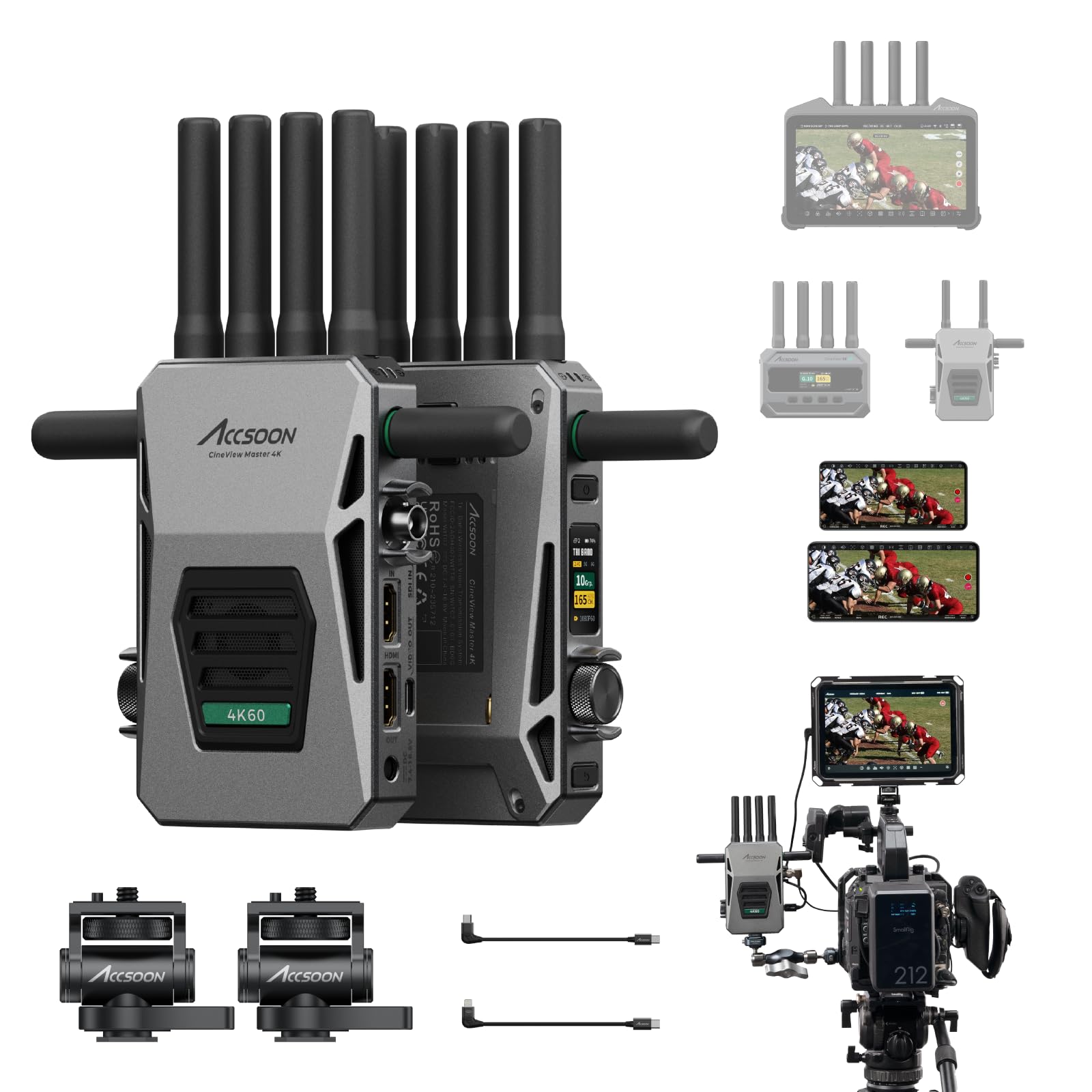 Accsoon CineView Master 4K Transmisor y receptor de video inalámbrico con SDI HDMI, Tri-Band 8202ft 25ms LAT, 4K60/1080p60 1 Monitoreo de aplicaciones iOS+4 con cable, Par de transmisión en vivo CineView 4K Lite/SE 4K/M7(H) Pro