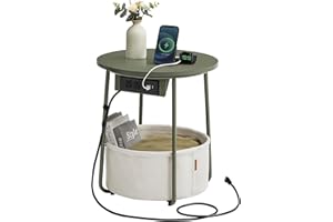 VASAGLE LILEA Collection - Side Table with Charging Station, Round End Table with Fabric Basket, Nightstand with USB Ports, for Living Room, Bedroom, Modern, Forest Green and Cream White ULET228C04
