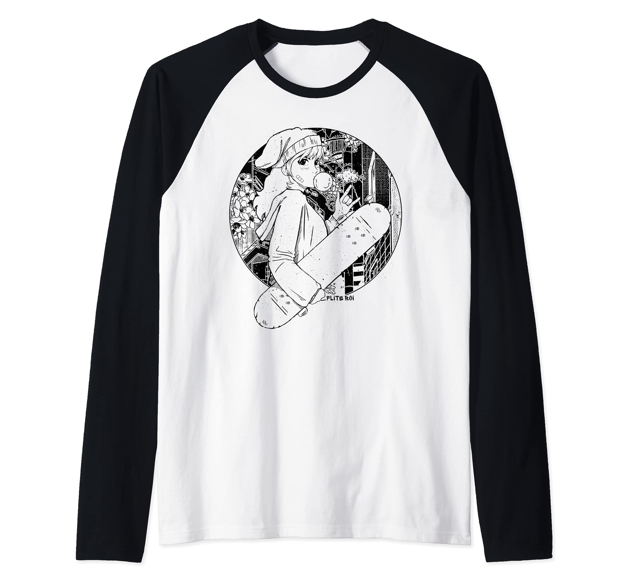 Flite Boi - Skateboards - Anime Skateboard Girl Graphic Raglan Baseball Tee